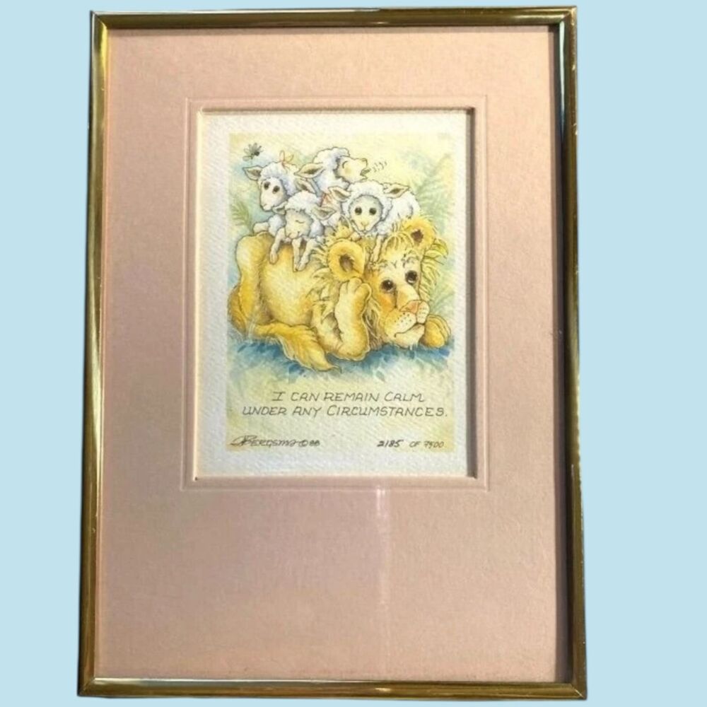 E. Rogers I Can Remain Calm Lion and Lambs Limited Edition Framed Print 7x5